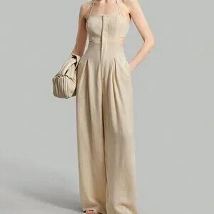 ZARA Khaki Sexy Women's Backless Strap Halter Jumpsuit